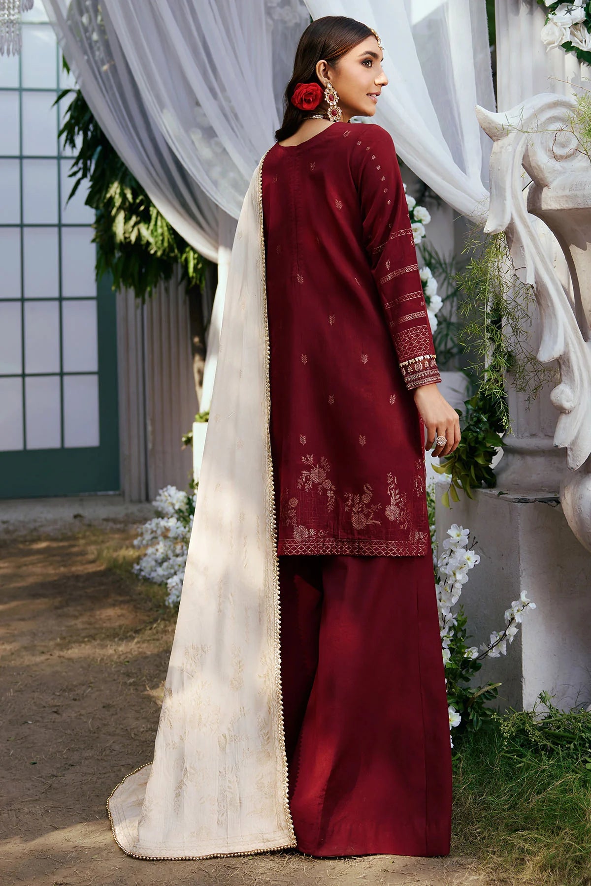 Red Embroidered Jacquard Suit