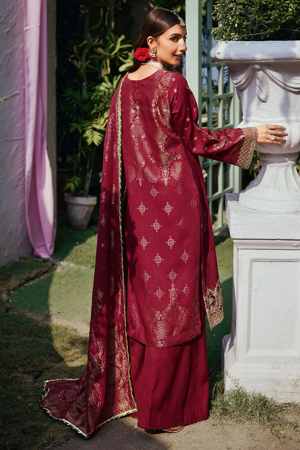 Red Embroidered Jacquard Suit