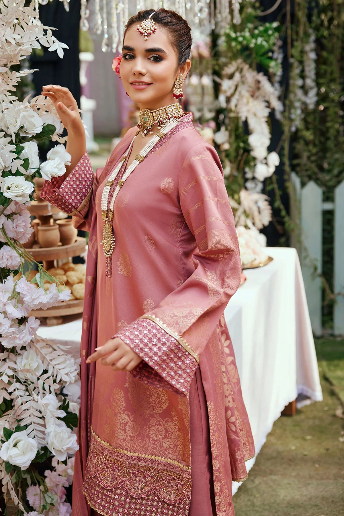 Pink Embroidered Jacquard Suit