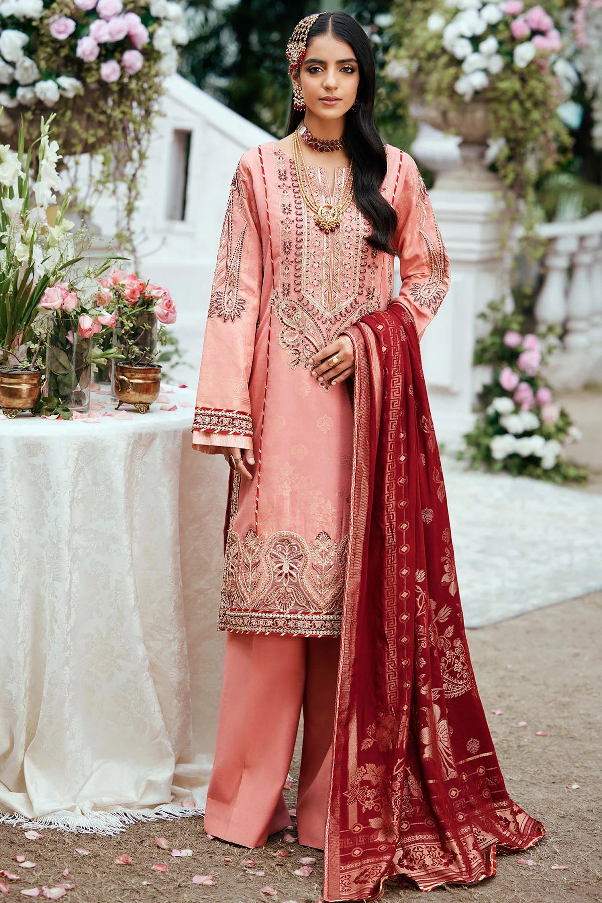 Pink Embroidered Jacquard Suit
