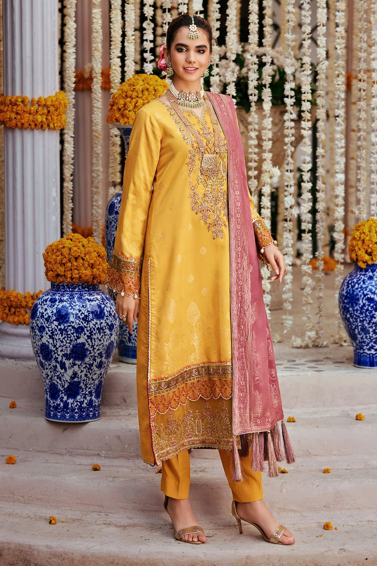 Yellow Embroidered Jacquard Suit