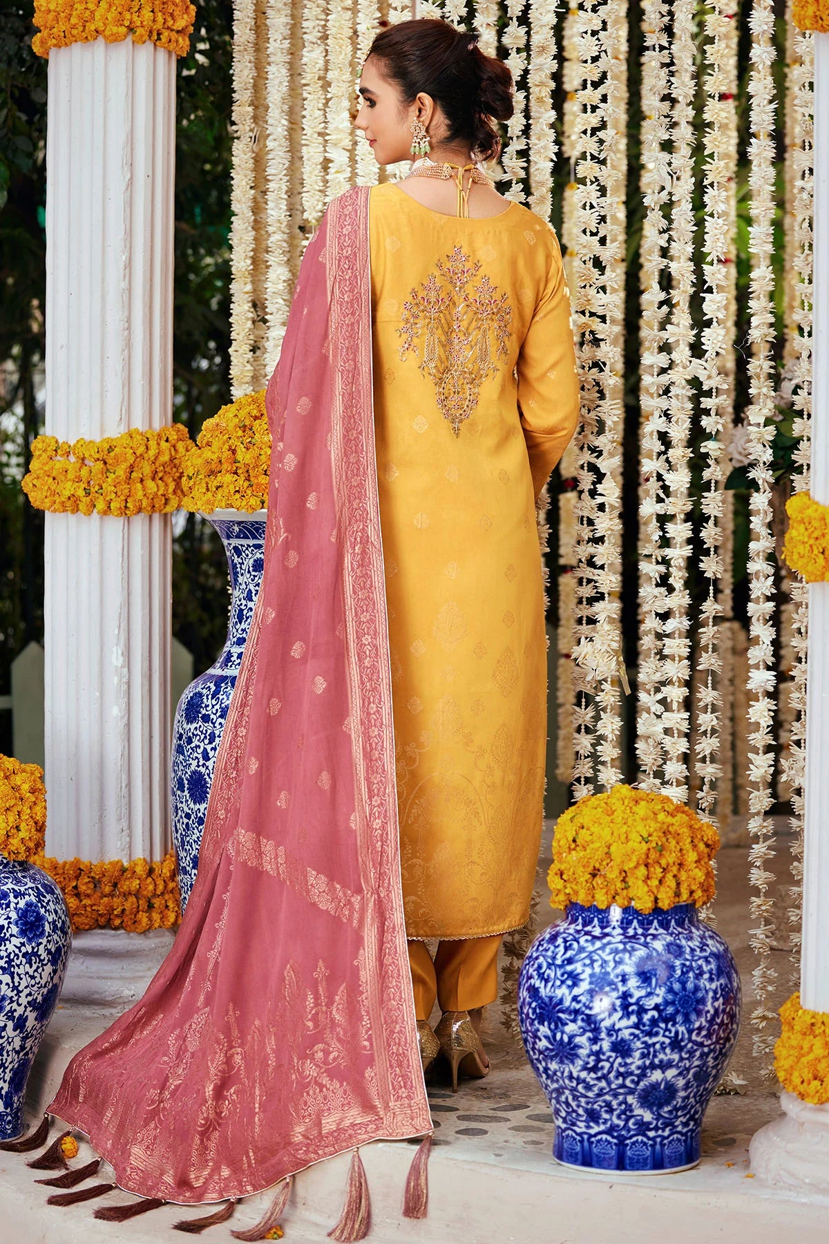 Yellow Embroidered Jacquard Suit