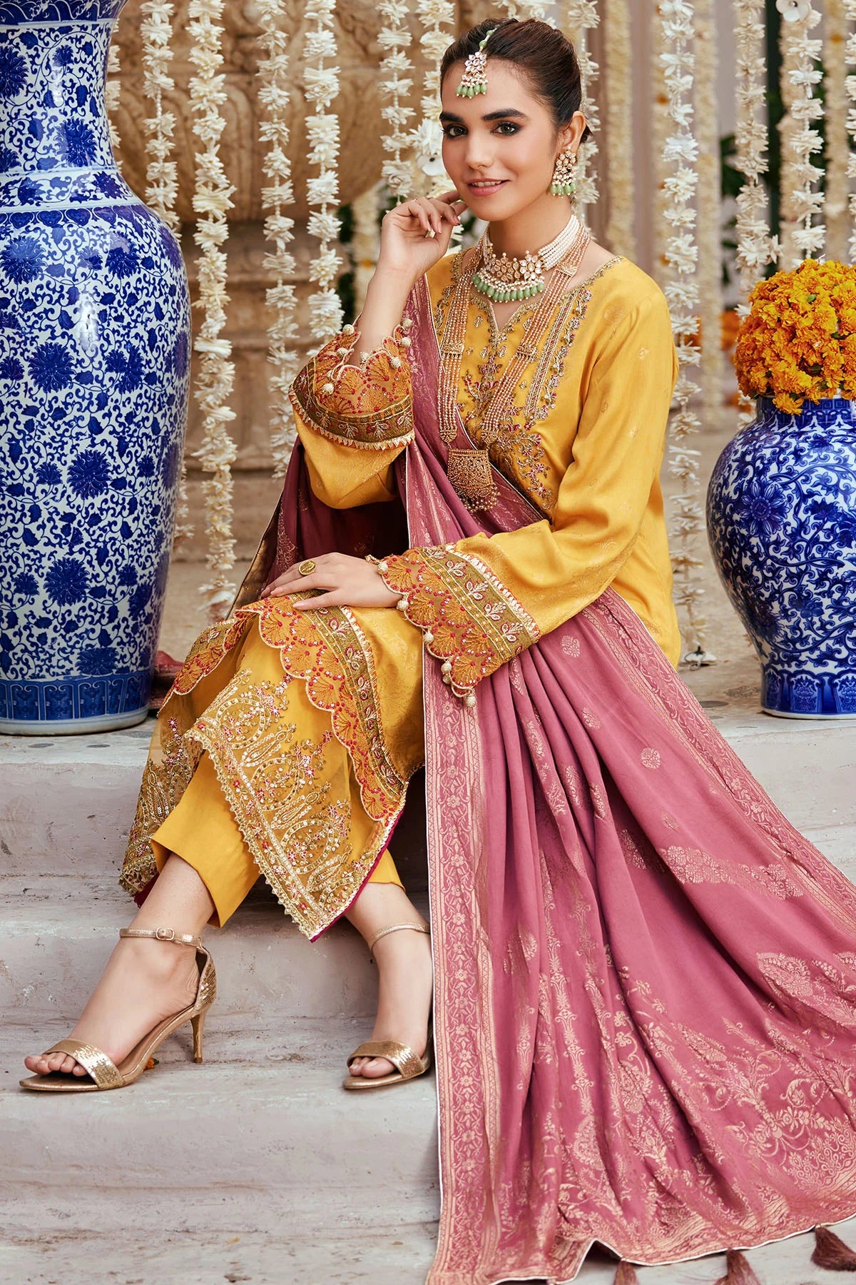 Yellow Embroidered Jacquard Suit
