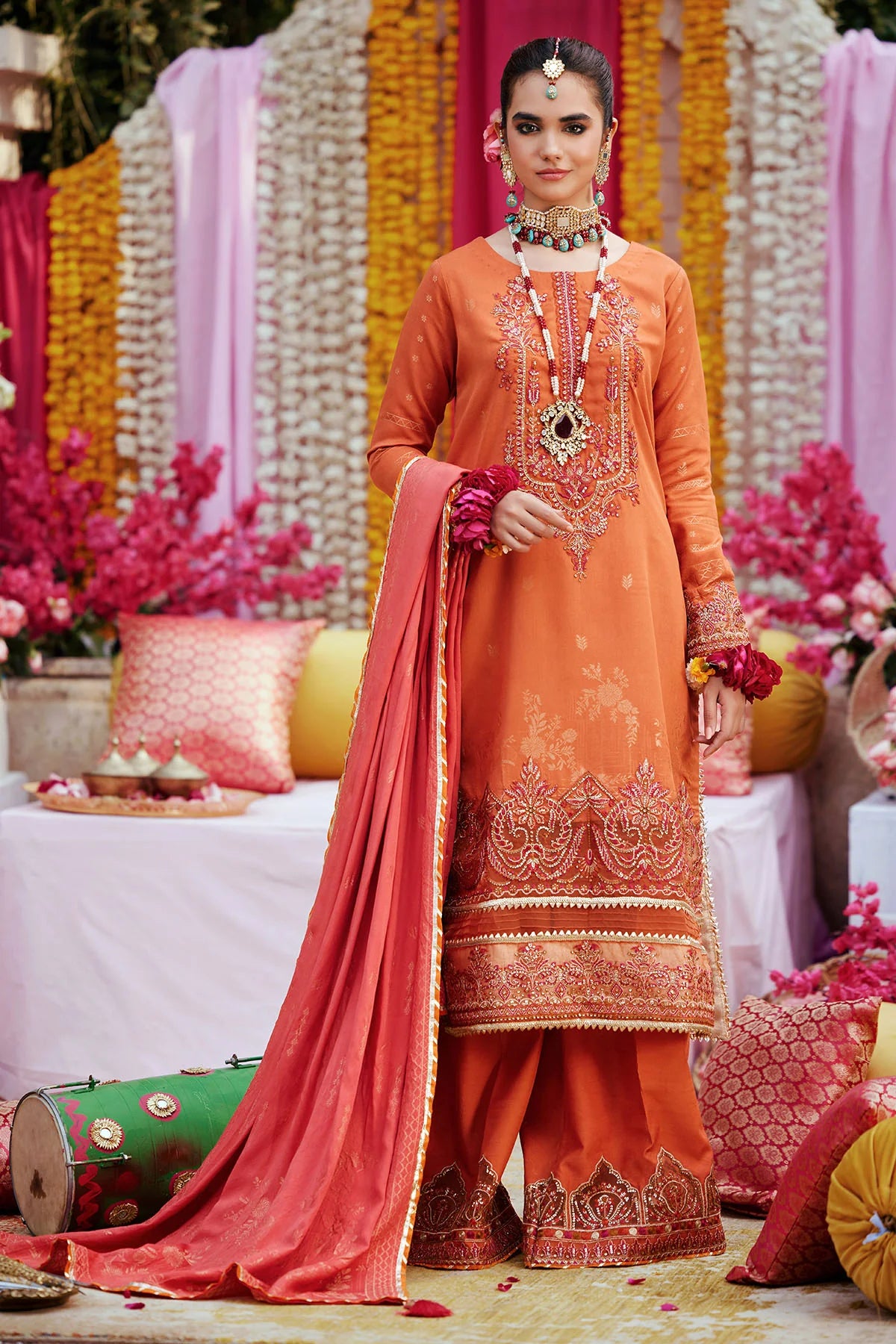 Orange Embroidered Jacquard Suit