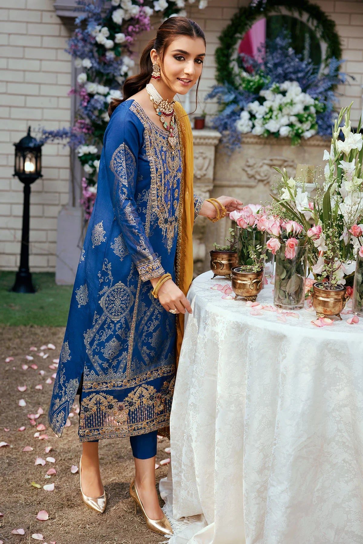 Blue Embroidered Jacquard Suit