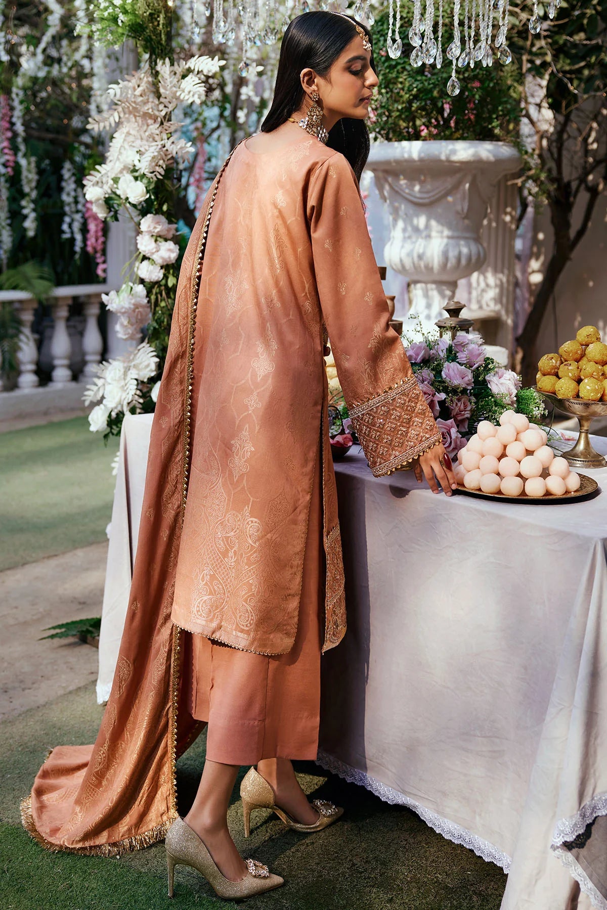 Beige Embroidered Jacquard Suit