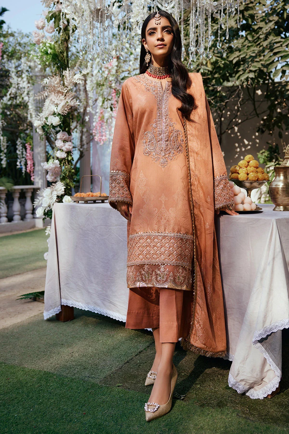 Beige Embroidered Jacquard Suit