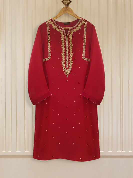 Red Heavily Embroidered Chiffon Suit