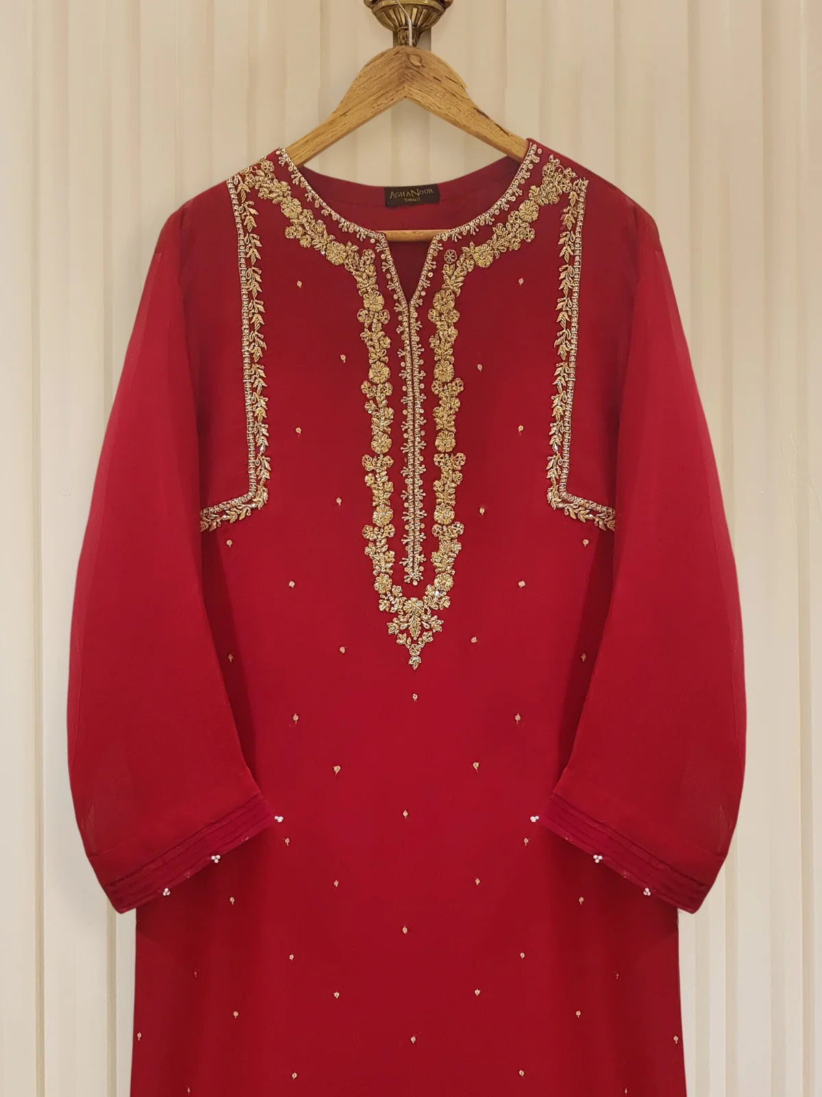Red Heavily Embroidered Chiffon Suit