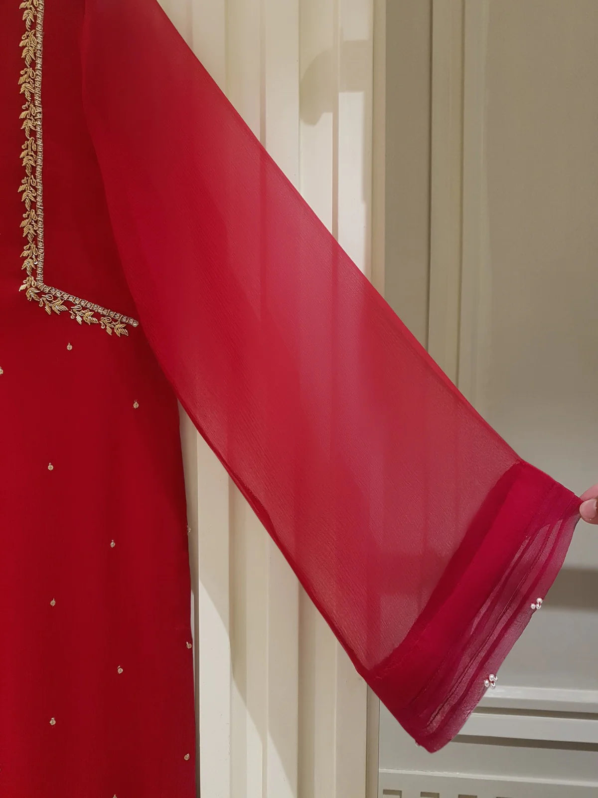 Red Heavily Embroidered Chiffon Suit